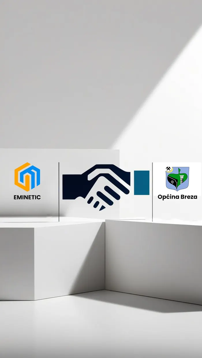 Grafika partnerstva: logotipi Eminetic i Općina Breza povezani rukovanjem