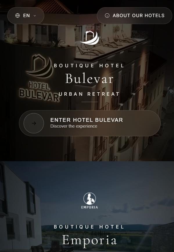 Stvarni mobilni prikaz stranice emporia.ba: podijeljen ekran s ulazom u Hotel Bulevar i Hotel Emporia